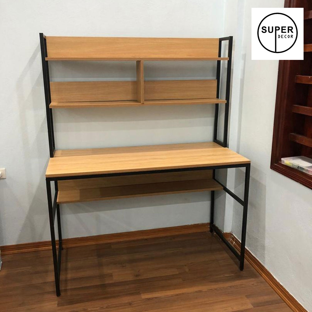 Bàn làm việc khung sắt kèm giá sách trên mặt bàn dễ dàng lắp ráp, khung sắt sơn tĩnh điện chắc chắn gỗ dày17mm