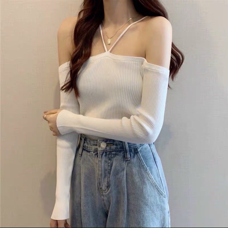 Áo len tăn hở vai buộc dây ở cổ chất dày dặn phong cách Ulzzang
