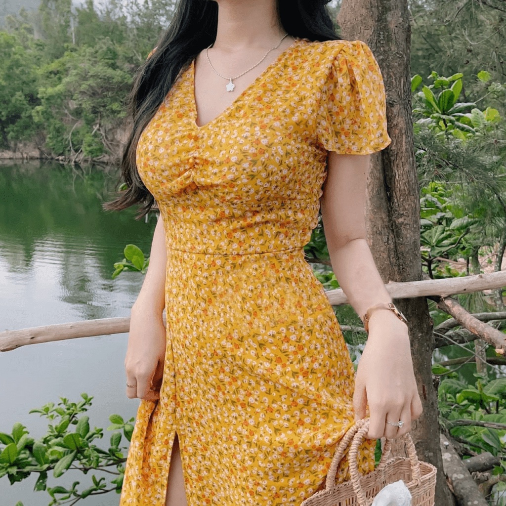 ĐẦM HOA LỤA NỮ HỞ LƯNG XẺ ĐÙI QUYẾN RŨ ĐI CHƠI ĐI BIỂN CHANH XẢ HHP FASHION
