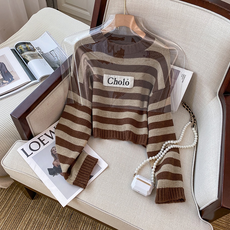 Áo Thun Lửng Tay Dài Cổ Tròn Họa Tiết Kẻ Sọc Thời Trang Thu Đông Cho Nữ