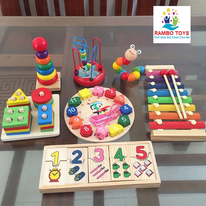 Combo đồ chơi thông minh Montessori 6 món bằng gỗ cho bé, đồ chơi gỗ an toàn cho bé RAMBO TOYS