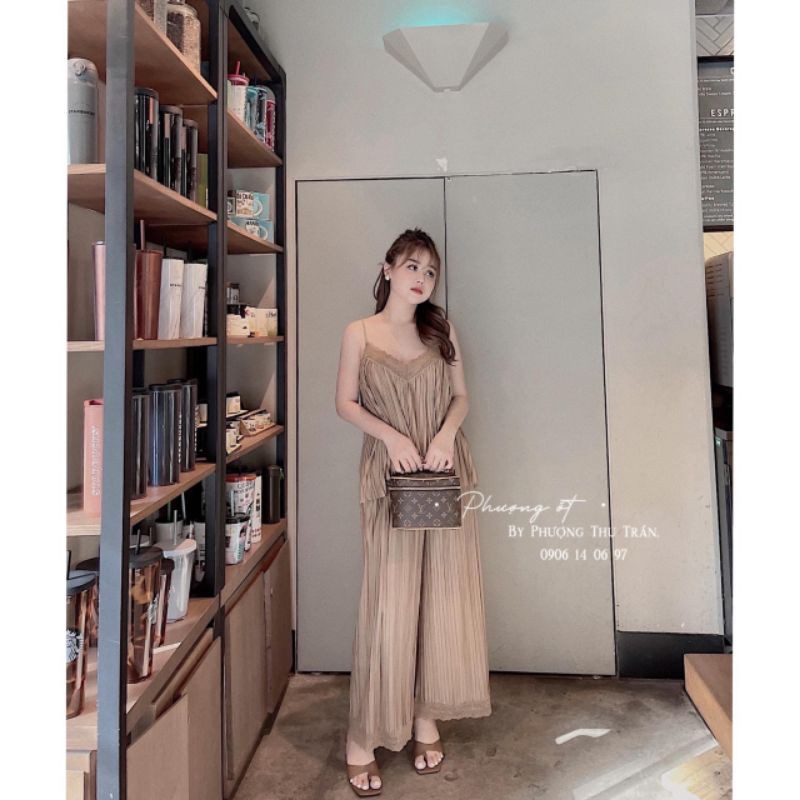 Sét thô dập li Áo hai dây Quần dài pass rộng