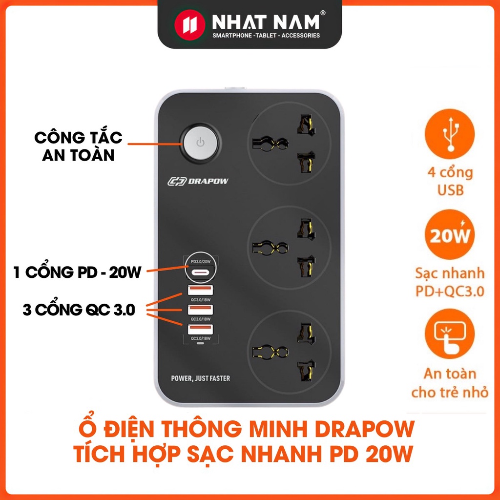 Ổ điện thông minh DRAPOW SK20 Sạc nhanh USB-C 20W PD cho iPhone iPad ,3 cổng QC 3.0 18w, 3 ổ 220v, Bảo hành 12 tháng.