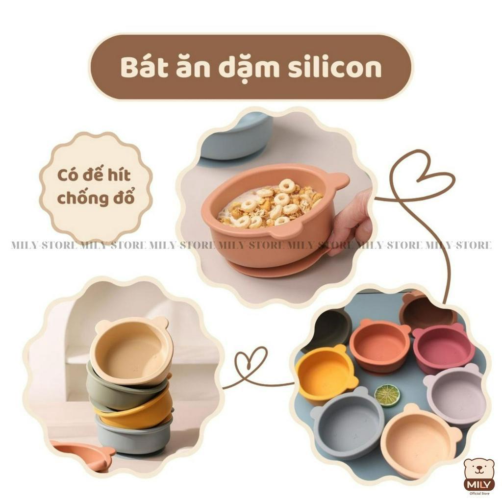 Bát ăn dặm chính hãng Mily silicone hình gấu đế hít chống đổ