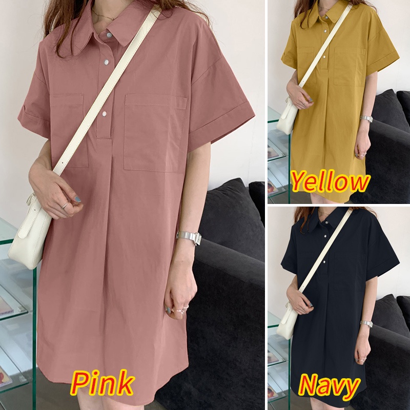 Váy mini ZANZEA dáng rộng cổ áo lật xuống có túi phía trước màu trơn cho nữ