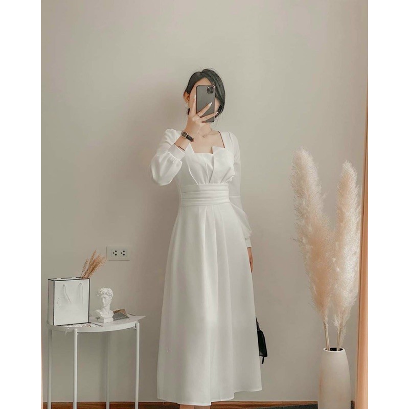 [Flash Sale 5.5 ] Váy Trắng Midi xếp ngực tay dài | BigBuy360 - bigbuy360.vn
