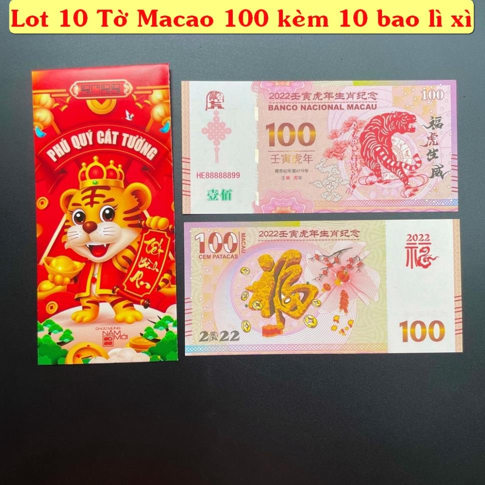 Combo 10 Tờ Tiền con Hổ 100 Macao lưu niệm, tặng bao lì xì tết Nhâm Dần