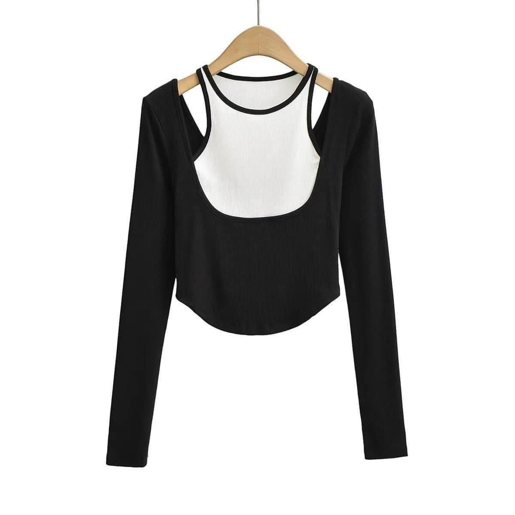Áo len nữ thun zip dài tay phối cổ yếm L1 hot trend 2022