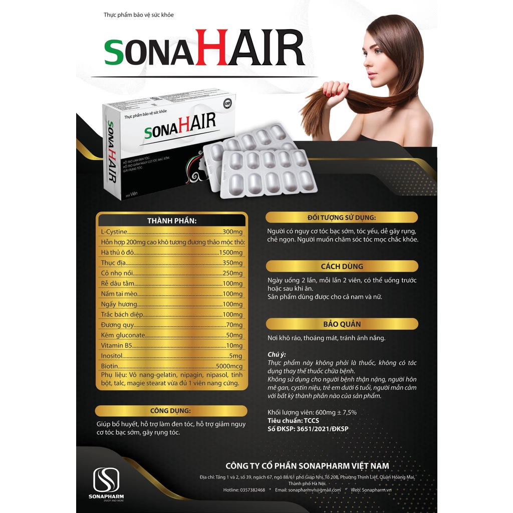 Viên Uống Hỗ Trợ Làm Đen Tóc Giảm Nguy Cơ Bạc Tóc Sớm Sona Hair -  Hộp 30 viên