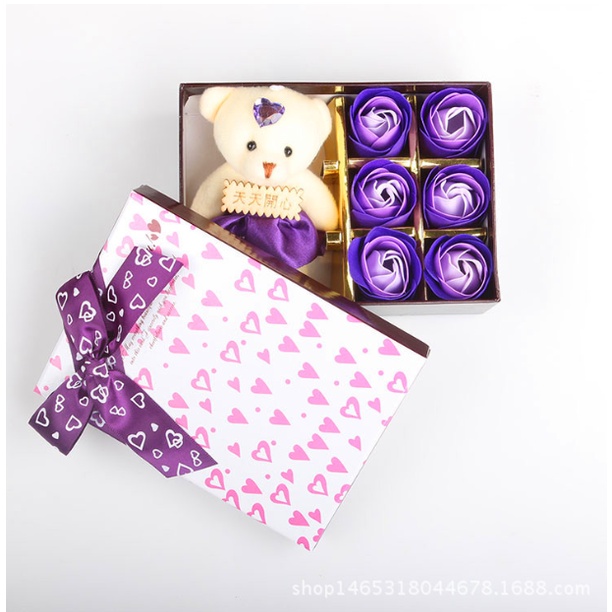 Hộp Quà Gấu Kèm 6 Hoa Hồng Sáp Các Màu, Thiệp - Quà Tặng Người Yêu, Người Thân,  Valentine, Mùng 8/3, Dịp Đặc Biệt