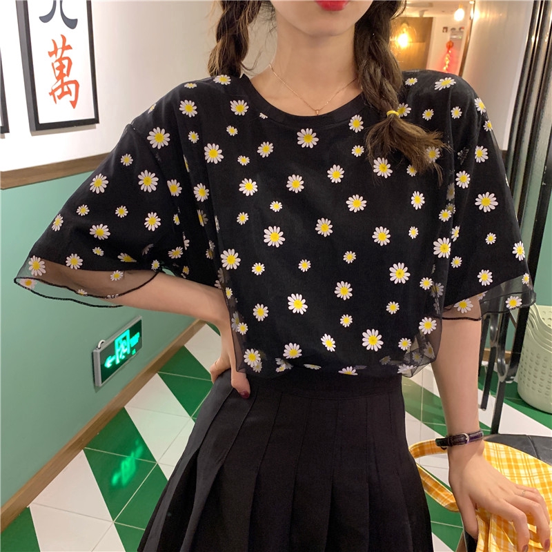 SUXI Áo Thun Tay Ngắn Dáng Rộng Phối Lưới Họa Tiết Hoa Cúc Xinh Xắn Thời Trang Mùa Hè Cho Nữ