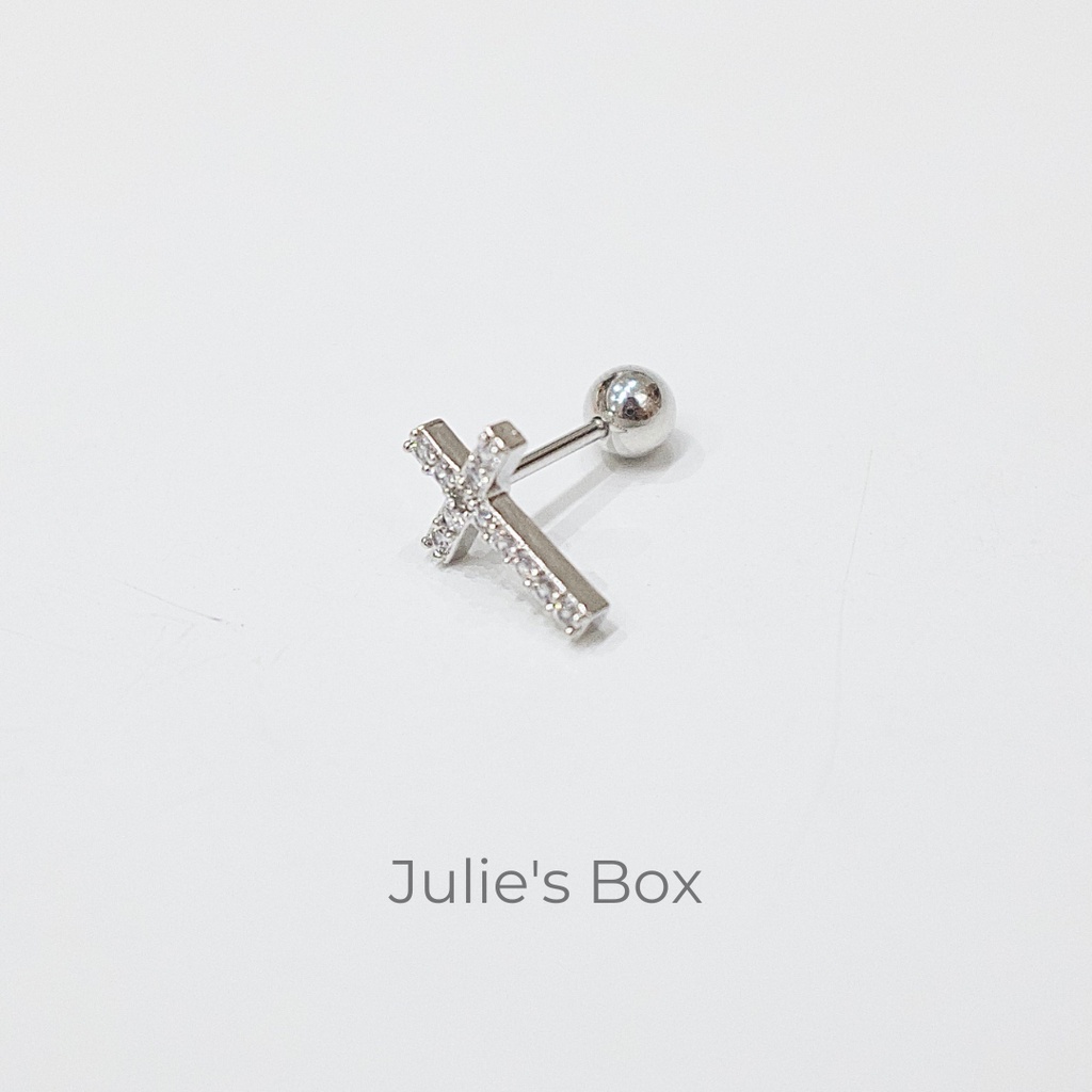 [1 Chiếc] Khuyên Tai Titan Thánh Giá Thẳng Đính Đá Unisex Màu Bạc Đuôi Bi Không Gỉ Sét Không Ngứa Bông Tai Julies Box 66