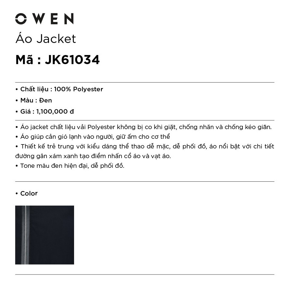 Áo Khoác Nam Owen JK61034 Jacket Dáng Suông Màu Đen Trơn Cổ Tay Và Gấu Áo Bo ChunTiện Lợi Chất Liệu Plyester