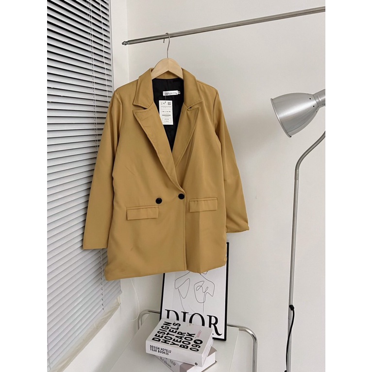 Áo vest blazer nữ vàng trơn thiết kế dáng rộng thụng trẻ trung, Áo khoác thu đông nữ rẻ đẹp sang trọng