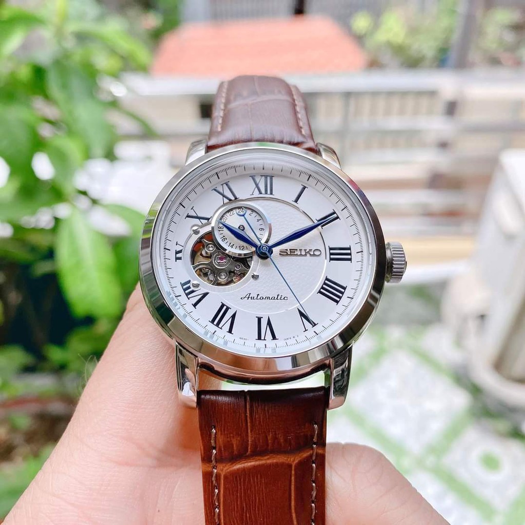 Đồng hồ Nam Seiko Presage SSA231K1 Hở tim,Mặt trắng,Kính Hardlex-Máy cơ tự động Automatic-Dây da nâu cao cấp-Size 41mm