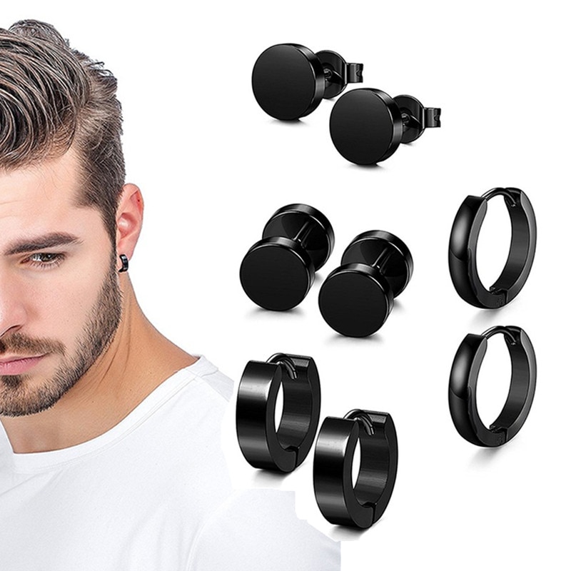 1 Set 4 Khuyên Tai Màu Đen Bằng Thép Không Gỉ Cá Tính