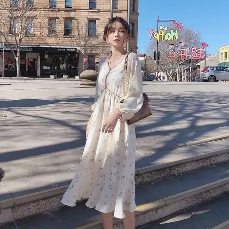 Đầm chiffon tay dài eo cao in họa tiết hoa thanh lịch cho nữ | BigBuy360 - bigbuy360.vn