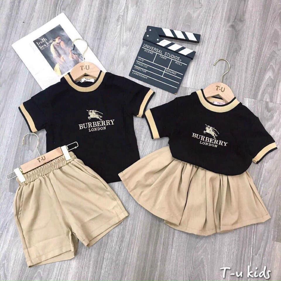 bộ quần áo cộc tay bé trai bé gái (6 - 32kg), set cặp anh em thêu chữ burberry chất cotton đẹp mềm mịn thoáng mát