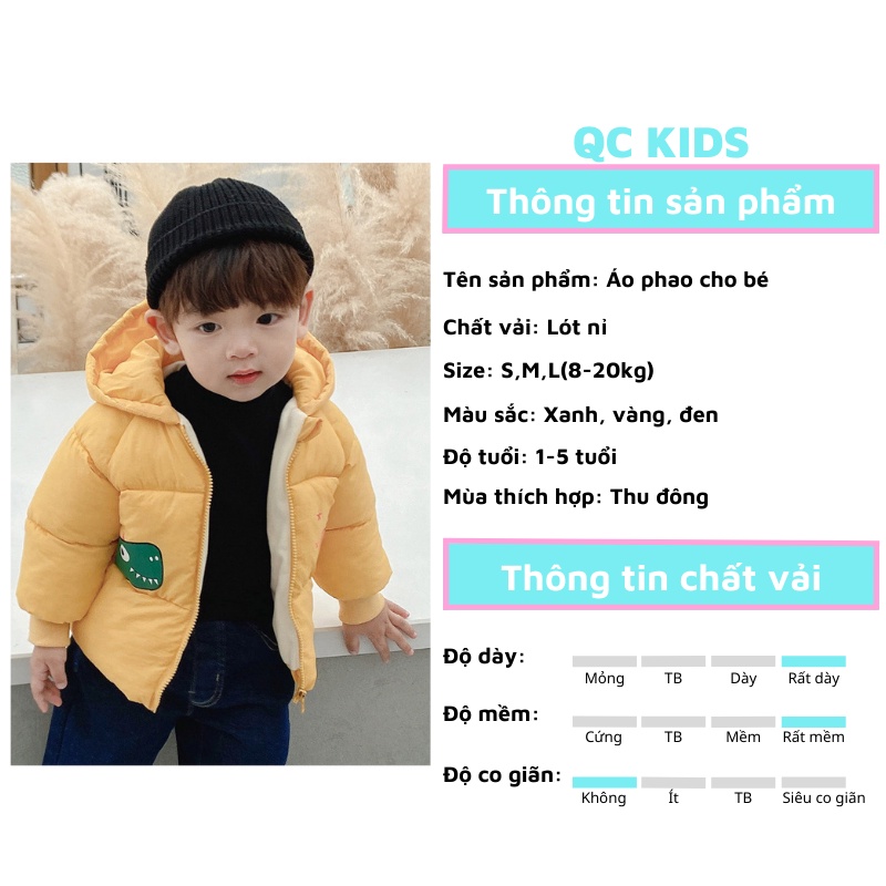 Áo phao cho bé gái bé trai mùa đông 1 tuổi đến 5 tuổi khủng long lót nỉ QC-KIDS