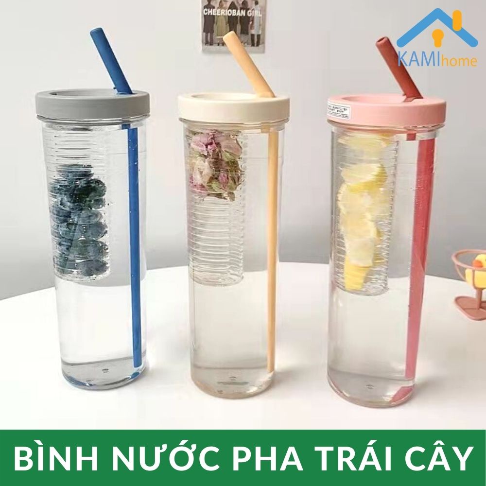 Bình nước có ống hút và ngăn lọc trà hoa trái cây 900ml nhựa PET cao cấp mã 22055