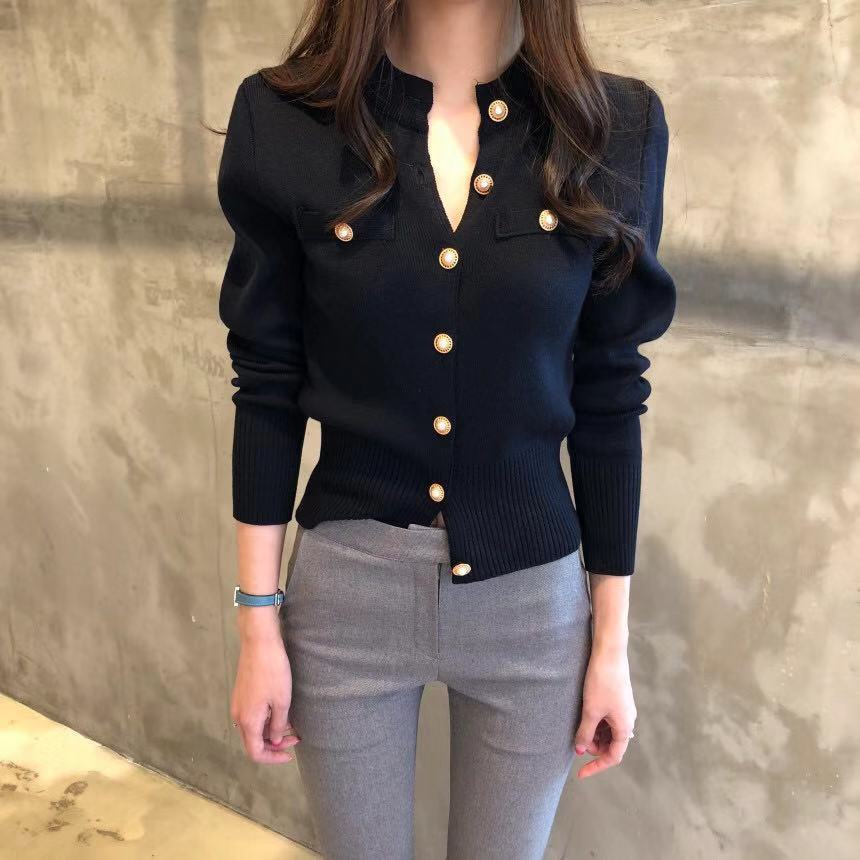 Áo khoác cardigan dệt kim tay dài dáng ôm đính nút ngọc trai nhân tạo phong cách vintage mùa thu