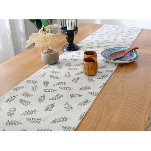 KHĂN TRẢI BÀN RUNNER LAN DECOR TBR202 HỌA TIẾT LÁ DƯƠNG SỈ XANH