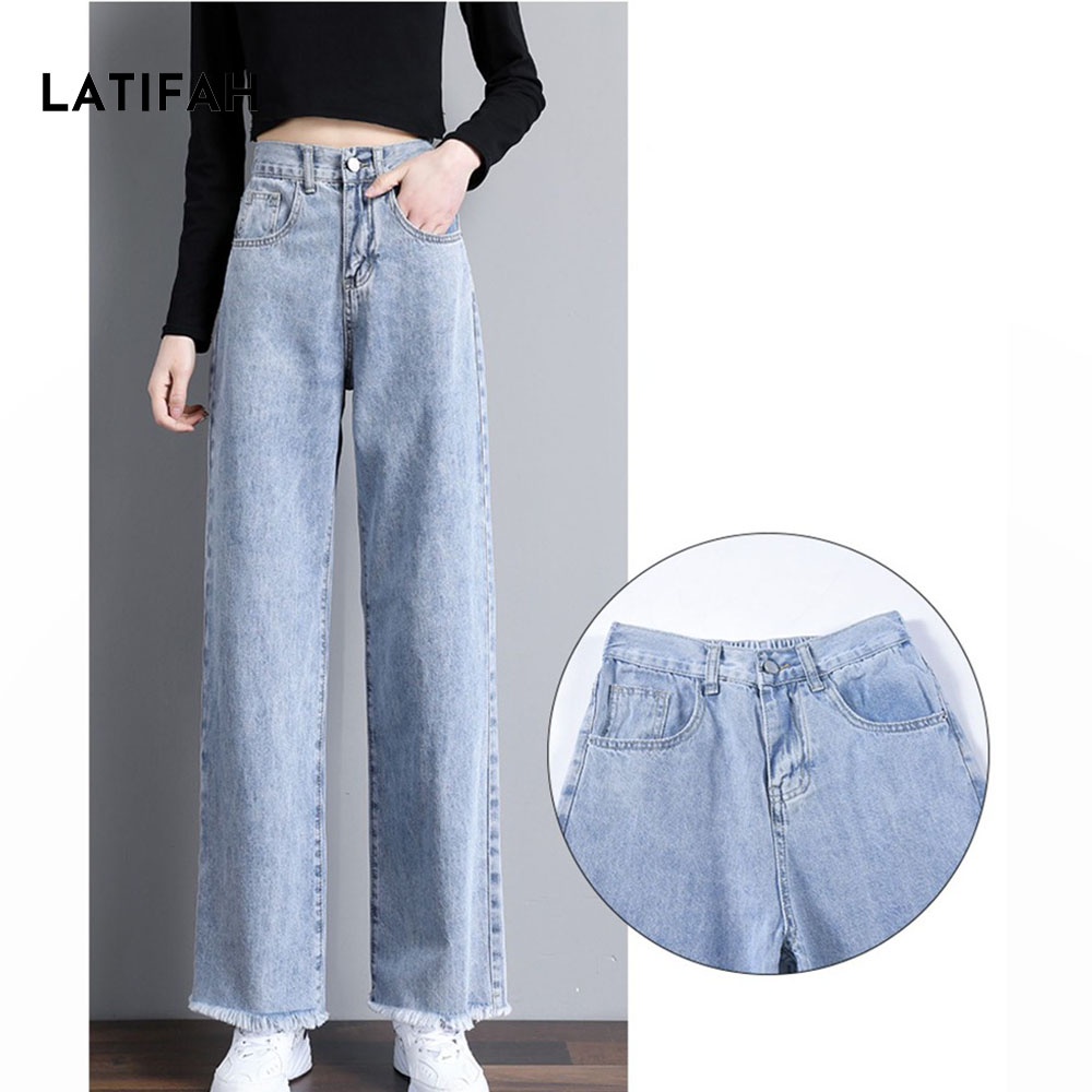 [Mã BMLT35 giảm đến 35K đơn 99K] Quần baggy jeans nữ LATIFAH ống rộng đơn giản tua lai dài 101cm QD040 ulzzang hàn quốc