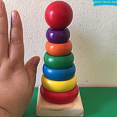 Đồ chơi gỗ tháp xếp chồng cho bé nhận biết màu sắc kích thước, Đồ chơi Montessori gỗ an toàn