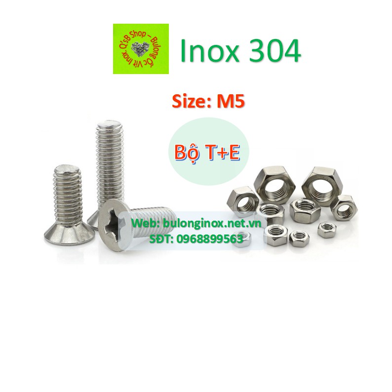 Vít pake đầu bằng inox size M5 (Bộ T+ecu) , ốc 4 cạnh đầu  non inox, ốc vặn tua vít đầu bằng thân bulong, inox 304