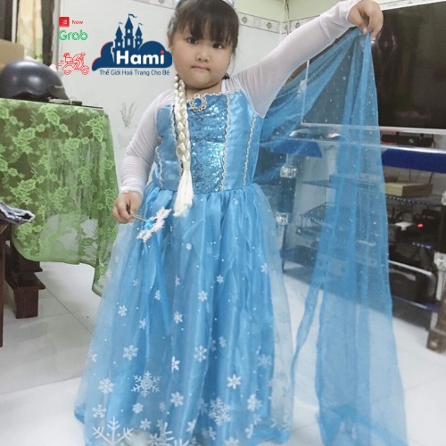 Váy elsa dài tay cho bé gái dáng dài, ngực đính kim sa, váy đính hoa tuyết trắng kèm tà rời, ảnh thật