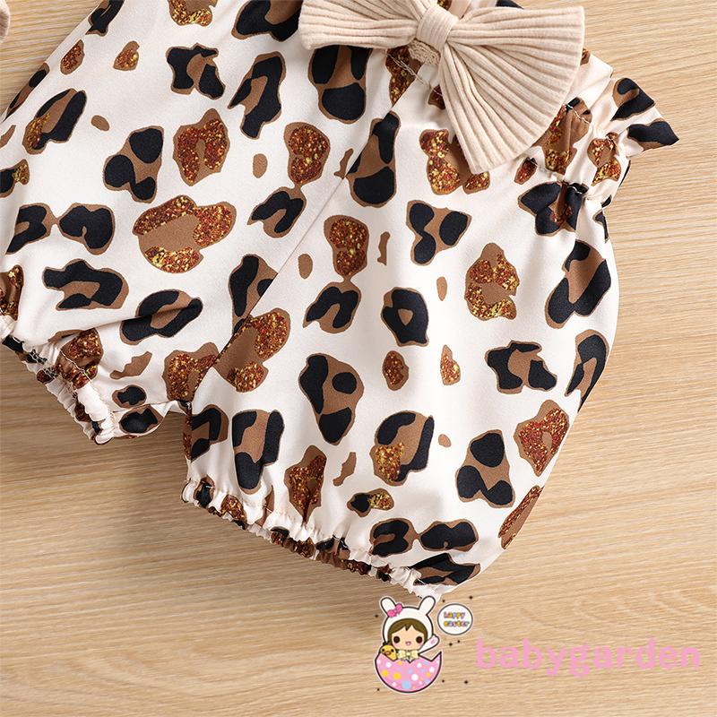 Bộ Áo Liền Quần Tay Ngắn Cổ Tròn In Họa Tiết Da Báo + Quần Short Thời Trang Cho Bé Gái 0-2 Tuổi