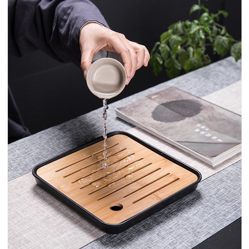 (Ảnh thât) Khay trà tre 2 lớp loại 1 dày dặn, có khay hứng nước thoát nước