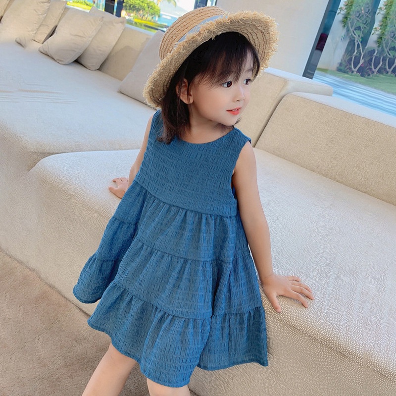 Đầm Công Chúa Mùa Hè Không Tay Hở Lưng Màu Trơn Cho Bé Gái Se7En