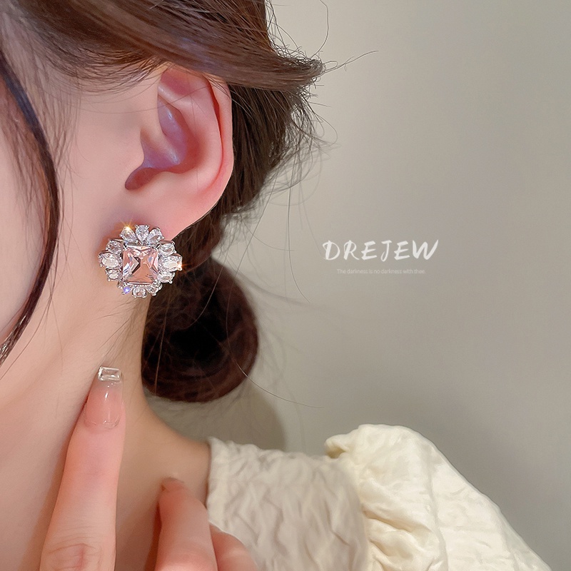 DREJEW Khuyên tai mạ bạc hình hoa đính đá zircon sang trọng thời trang cao cấp