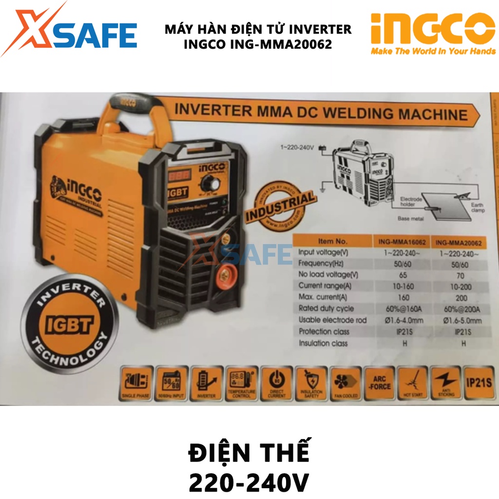 Máy hàn điện tử Inverter INGCO ING-MMA20062 | Máy hàn que điện tử Điện áp ra tối đa 200A Công nghệ IGBT Inverter