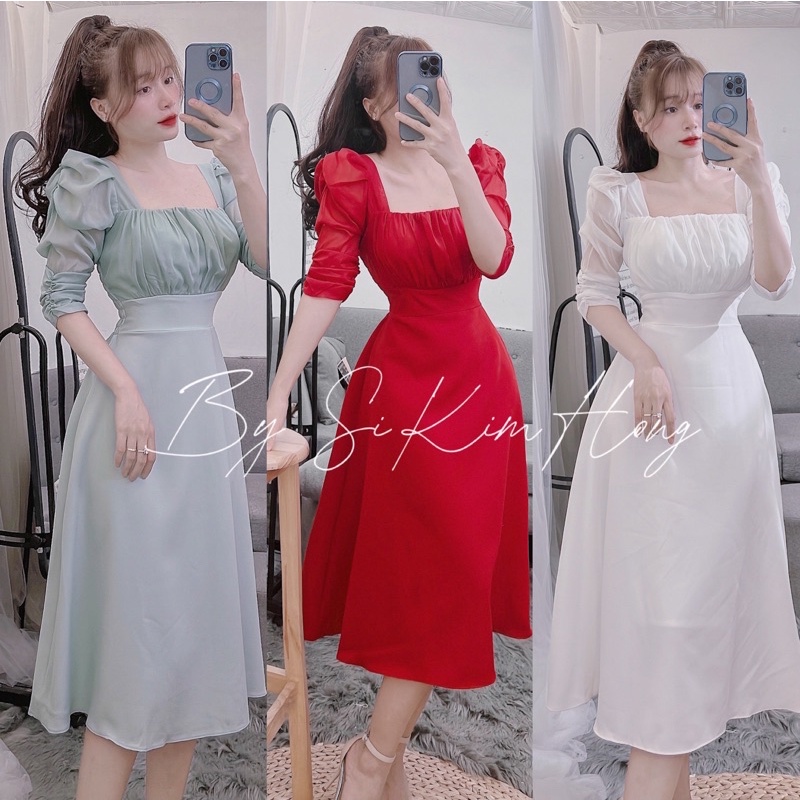 M132 Đầm dài tiểu thư tay lở phối voan
