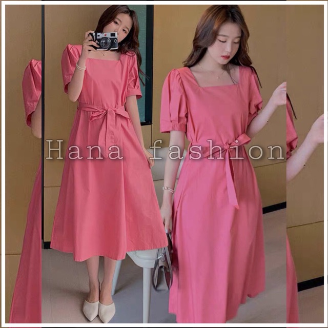 Đầm cổ vuông cột nơ hông dễ thương ( hồng + cam cháy) HANA101