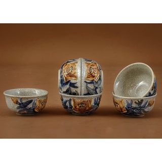 Set 6 bát cơm cúng gia tiên, men rạn cổ, họa tiết đắp nổi thủ công. Gốm sứ Bát Tràng cao cấp