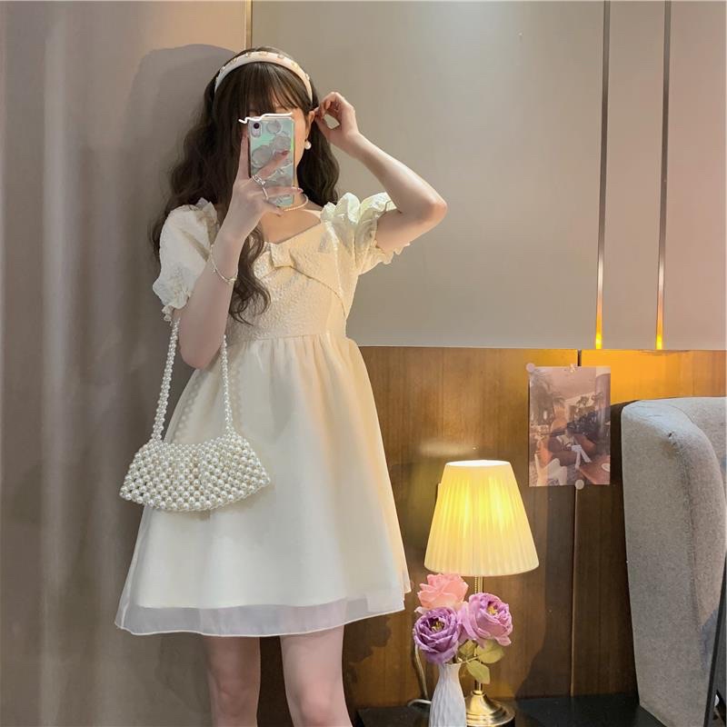 Đầm tay bồng babydoll dáng xòe họa tiết đính nơ kiểu công chúa siêu hot