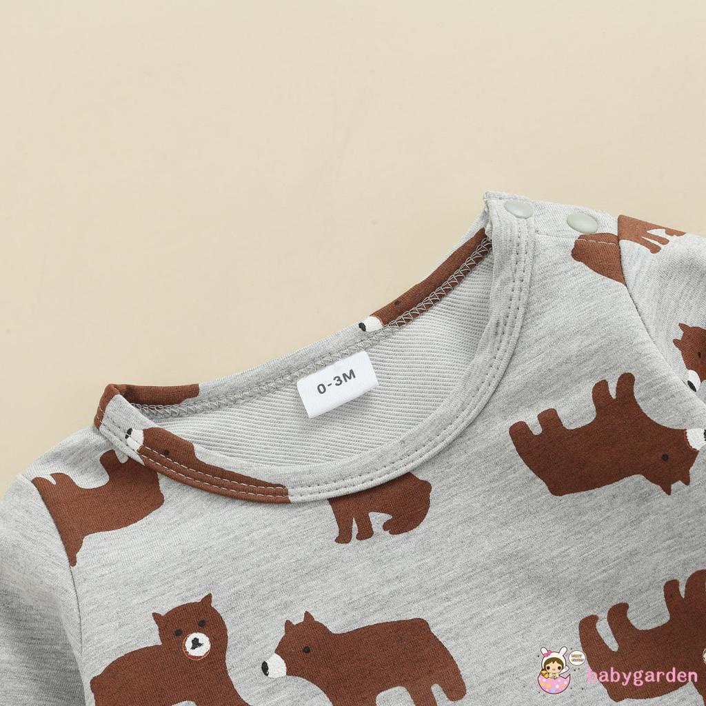 Set 2 món áo liền quần tay dài in hình chú gấu hoạt hình + quần yếm cho bé trai