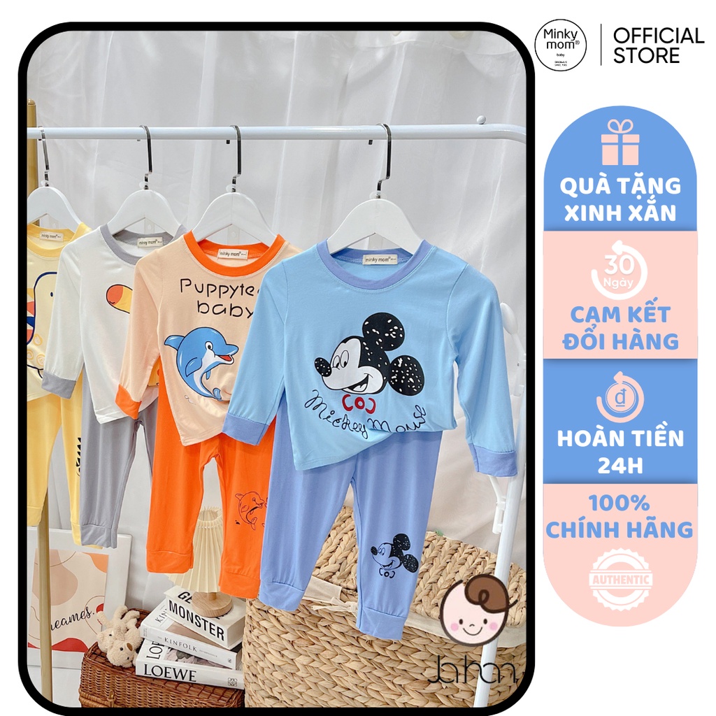 [SALE] Bộ Thun Lạnh Dài Tay Cho Bé Trai, Bé Gái Minky Mom Hoạ Tiết Cá Heo Viền Cổ, Đồ Bộ Cho Bé Mặc Nhà MKMTD2215