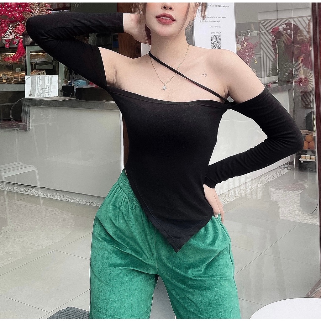 Áo Trễ Vai Tay Dài Tà Xéo Chất Thun Trơn Ôm Body "TRỄ VAI TD TÀ XÉO"