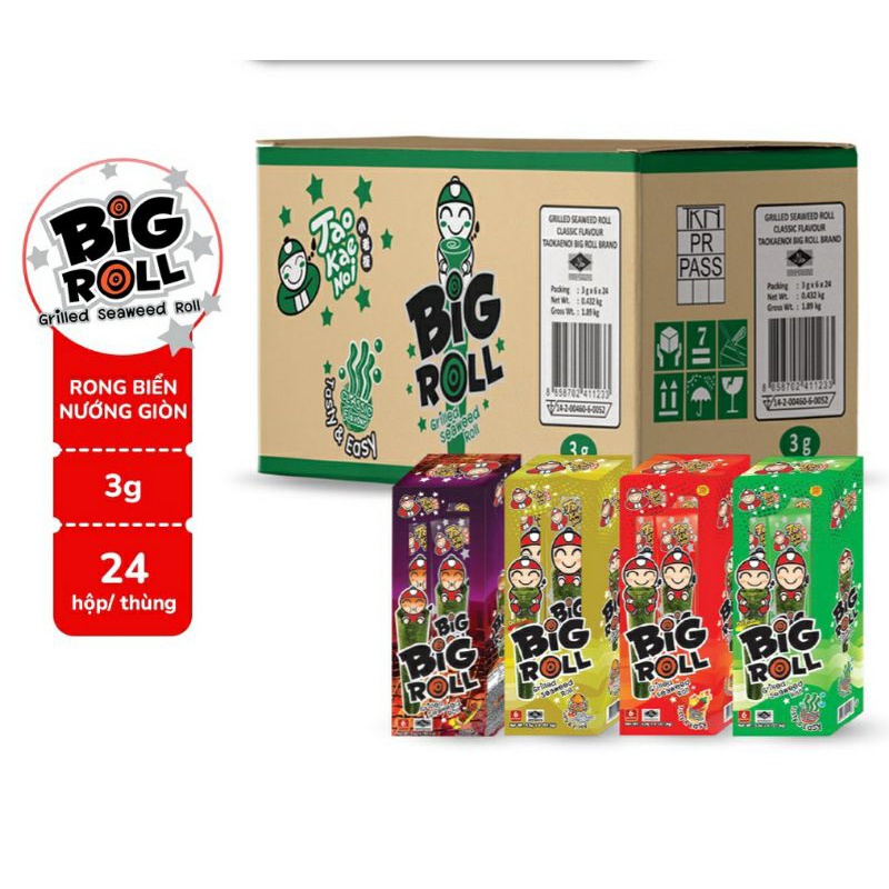 ( 1 Thùng = 24 hộp ( 6 gói))ack Rong Biển Taokaenoi BIG ROLL Thái Lan nhiều vị: truyền thống, mực, cay, mật ong, BBQ