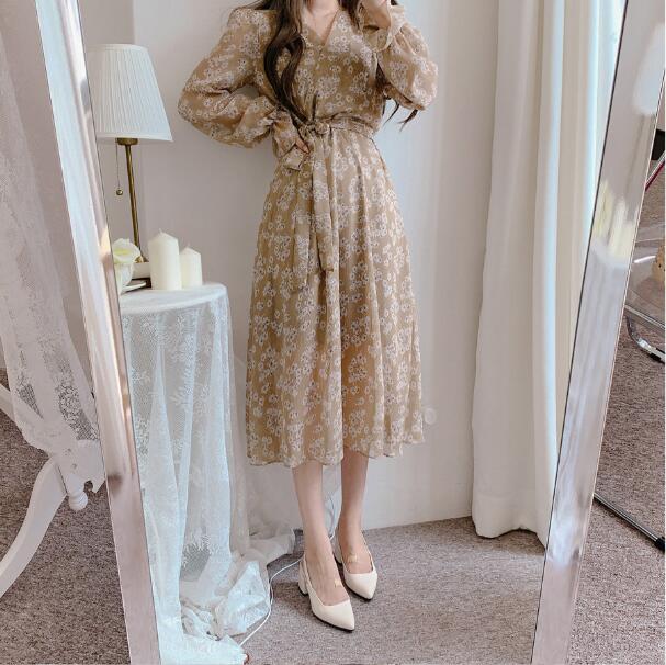 Đầm voan hoa SUXI tay dài cổ chữ v phong cách hàn quốc cho nữ