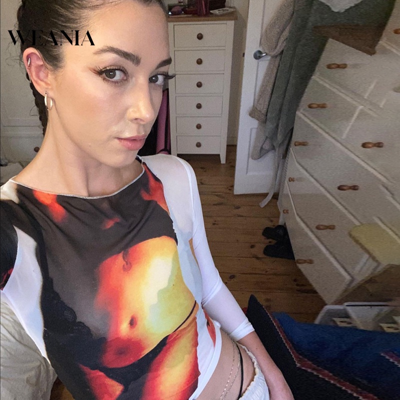 Áo Croptop Tay Dài Xuyên Thấu Hoạ Tiết In Thiết Kế Quyến Rũ