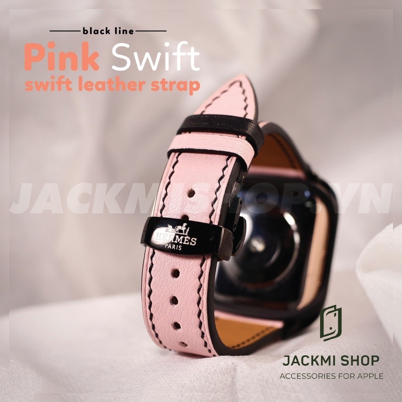 [BẢO HÀNH 1 NĂM] Dây da BÊ SWIFT may tay thủ công màu Hồng chỉ Đen khoá bướm cho Apple Watch series 1/2/3/4/5/6/7