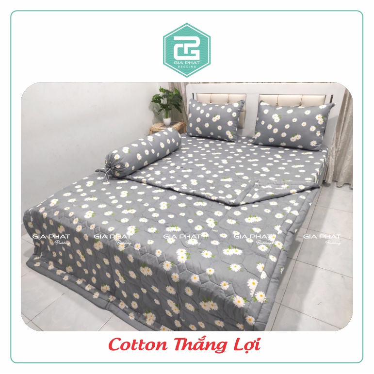 Bộ ga gối Thắng Lợi {4 món}100% Cotton chuẩn logo họa tiết Bông Cúc