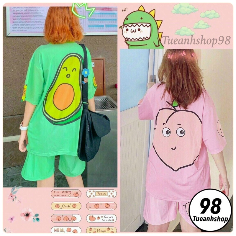 Set cartoon TRÁI BƠ và TRÁI ĐÀO - Set bộ đùi quần áo nữ Unisex Freesize 38-70kg