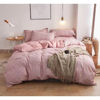 Set chăn ga poly kẻ ô vuông hồng nhỏ uy tín