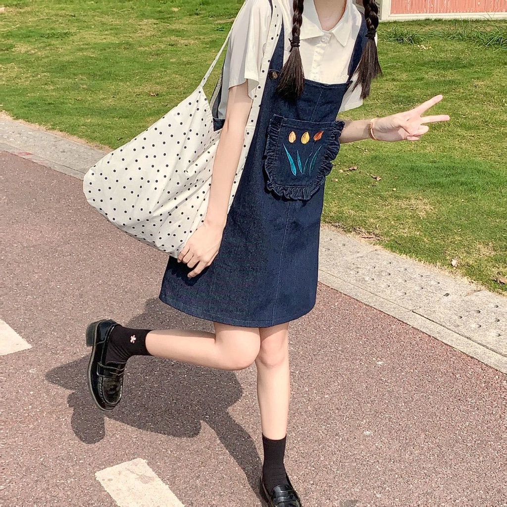 Váy yếm DENIM túi hoa tulip không tay chất jean mềm mại phong cách Hàn Quốc HITA22_STORE.